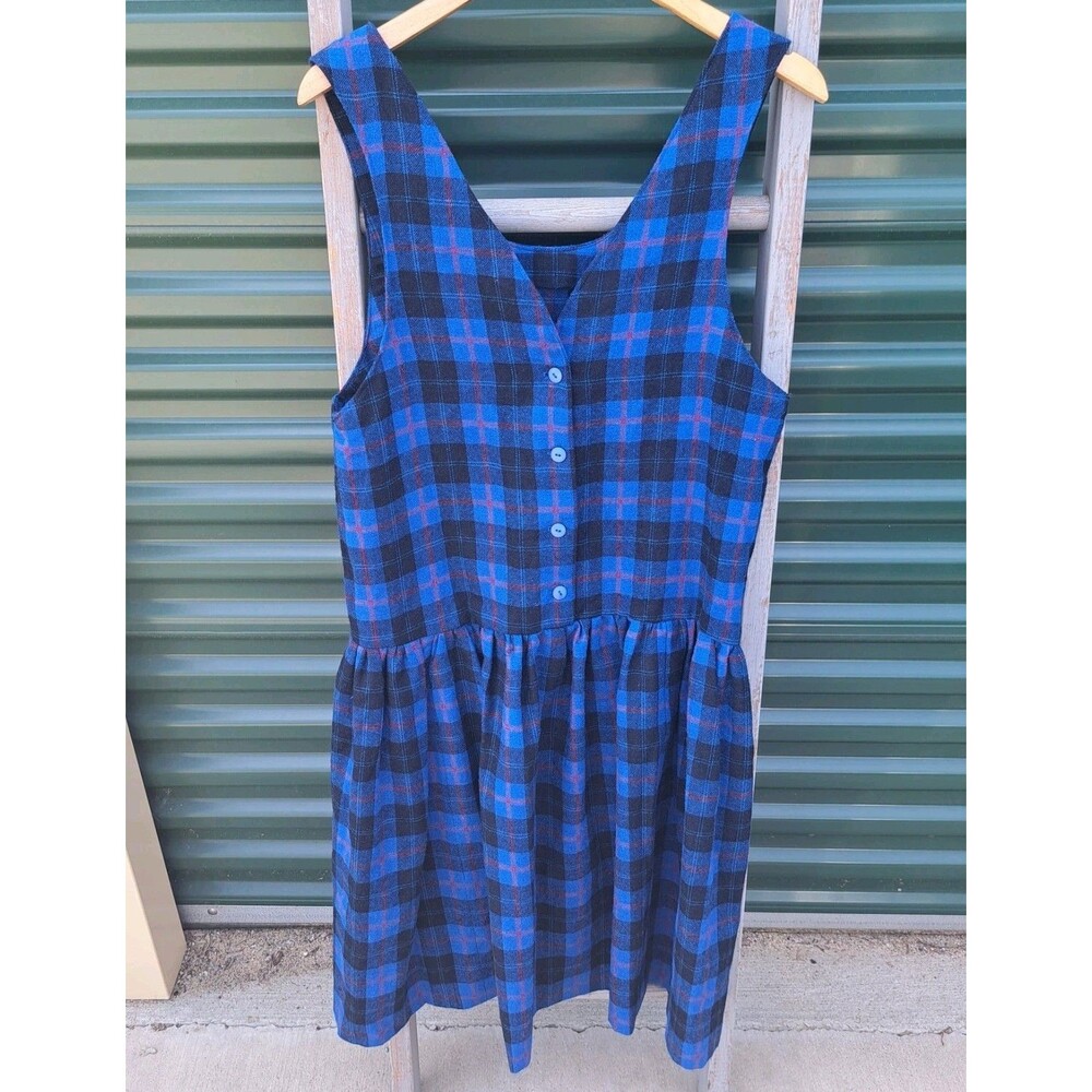 Vintage Handmade 1950's 60's Plaid Women's XS Blue Dress Pleated Sleeveless